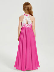 Abiti Da Damigella Lunghi In Chiffon Top In Pizzo Fucsia