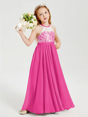Abiti Da Damigella Lunghi In Chiffon Top In Pizzo Fucsia