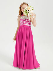 Abiti Da Damigella Lunghi In Chiffon Top In Pizzo Fucsia