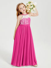 Abiti Da Damigella Lunghi In Chiffon Top In Pizzo Fucsia