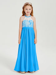 Abiti Da Damigella Lunghi In Chiffon Top In Pizzo Blu Oceano
