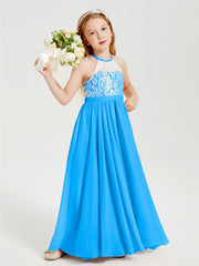 Abiti Da Damigella Lunghi In Chiffon Top In Pizzo Blu Oceano