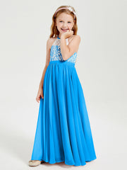 Abiti Da Damigella Lunghi In Chiffon Top In Pizzo Blu Oceano