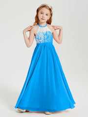 Abiti Da Damigella Lunghi In Chiffon Top In Pizzo Blu Oceano