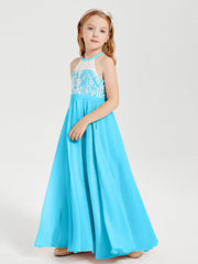 Abiti Da Damigella Lunghi In Chiffon Top In Pizzo Blu Piscina
