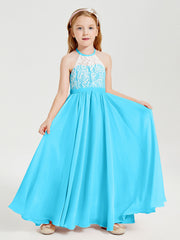 Abiti Da Damigella Lunghi In Chiffon Top In Pizzo Blu Piscina