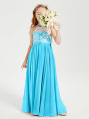 Abiti Da Damigella Lunghi In Chiffon Top In Pizzo Blu Piscina