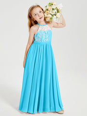 Abiti Da Damigella Lunghi In Chiffon Top In Pizzo Blu Piscina