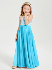 Abiti Da Damigella Lunghi In Chiffon Top In Pizzo Blu Piscina