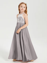 Abiti Da Damigella Lunghi In Chiffon Top In Pizzo Argento
