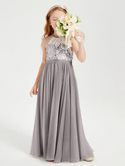 Abiti Da Damigella Lunghi In Chiffon Top In Pizzo Argento