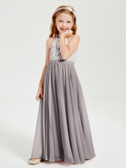 Abiti Da Damigella Lunghi In Chiffon Top In Pizzo Argento