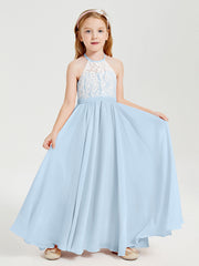 Abiti Da Damigella Lunghi In Chiffon Top In Pizzo Blu Cielo