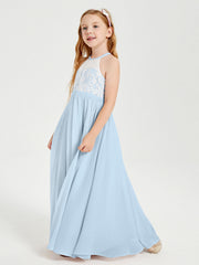 Abiti Da Damigella Lunghi In Chiffon Top In Pizzo Blu Cielo