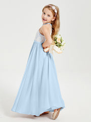 Abiti Da Damigella Lunghi In Chiffon Top In Pizzo Blu Cielo