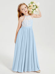 Abiti Da Damigella Lunghi In Chiffon Top In Pizzo Blu Cielo