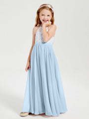 Abiti Da Damigella Lunghi In Chiffon Top In Pizzo Blu Cielo