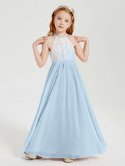 Abiti Da Damigella Lunghi In Chiffon Top In Pizzo Blu Cielo