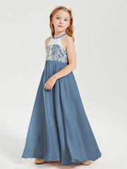 Abiti Da Damigella Lunghi In Chiffon Top In Pizzo Blu Ardesia