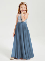 Abiti Da Damigella Lunghi In Chiffon Top In Pizzo Blu Ardesia
