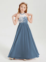 Abiti Da Damigella Lunghi In Chiffon Top In Pizzo Blu Ardesia