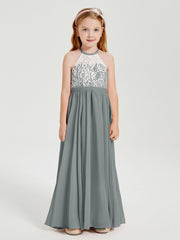 Abiti Da Damigella Lunghi In Chiffon Top In Pizzo Grigio Acciaio