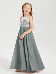 Abiti Da Damigella Lunghi In Chiffon Top In Pizzo Grigio Acciaio