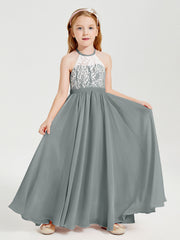 Abiti Da Damigella Lunghi In Chiffon Top In Pizzo Grigio Acciaio