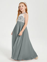 Abiti Da Damigella Lunghi In Chiffon Top In Pizzo Grigio Acciaio