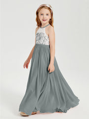 Abiti Da Damigella Lunghi In Chiffon Top In Pizzo Grigio Acciaio