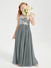 Abiti Da Damigella Lunghi In Chiffon Top In Pizzo Grigio Acciaio