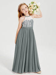 Abiti Da Damigella Lunghi In Chiffon Top In Pizzo Grigio Acciaio