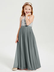 Abiti Da Damigella Lunghi In Chiffon Top In Pizzo Grigio Acciaio