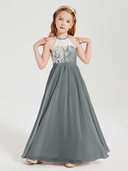 Abiti Da Damigella Lunghi In Chiffon Top In Pizzo Grigio Acciaio