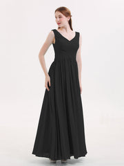 Abito Maxi in Chiffon Scollo a V con Zip Posteriore Nero