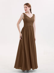Abito Maxi in Chiffon Scollo a V con Zip Posteriore Marrone