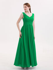Abito Maxi in Chiffon Scollo a V con Zip Posteriore Smeraldo