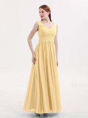 Abito Maxi in Chiffon Scollo a V con Zip Posteriore Oro