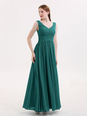 Abito Maxi in Chiffon Scollo a V con Zip Posteriore Pavone