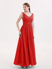 Abito Maxi in Chiffon Scollo a V con Zip Posteriore Rosso
