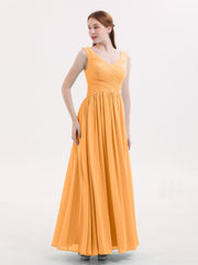 Abito Maxi in Chiffon Scollo a V con Zip Posteriore Mandarino