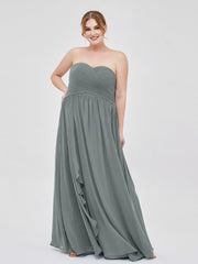 Abito da Damigella Impero in Chiffon Scollo a Cuore Grigio Acciaio