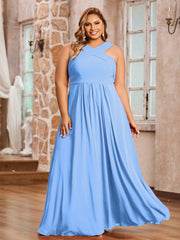 Abito in Chiffon con Spalline Incrociate e Vita Impero Blu