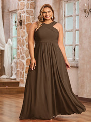 Abito in Chiffon con Spalline Incrociate e Vita Impero Marrone