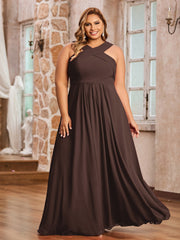 Abito in Chiffon con Spalline Incrociate e Vita Impero Cioccolato