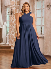 Abito in Chiffon con Spalline Incrociate e Vita Impero Blu Scuro