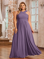 Abito in Chiffon con Spalline Incrociate e Vita Impero Prugna