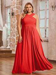 Abito in Chiffon con Spalline Incrociate e Vita Impero Rosso