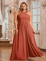 Abito in Chiffon con Spalline Incrociate e Vita Impero Ruggine
