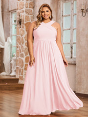 Abito in Chiffon con Spalline Incrociate e Vita Impero Rosa Cipria